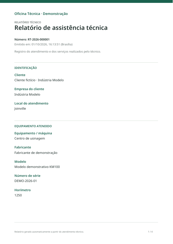 Prévia real do PDF de assistência técnica gerado pelo SmarTech, com dados de demonstração