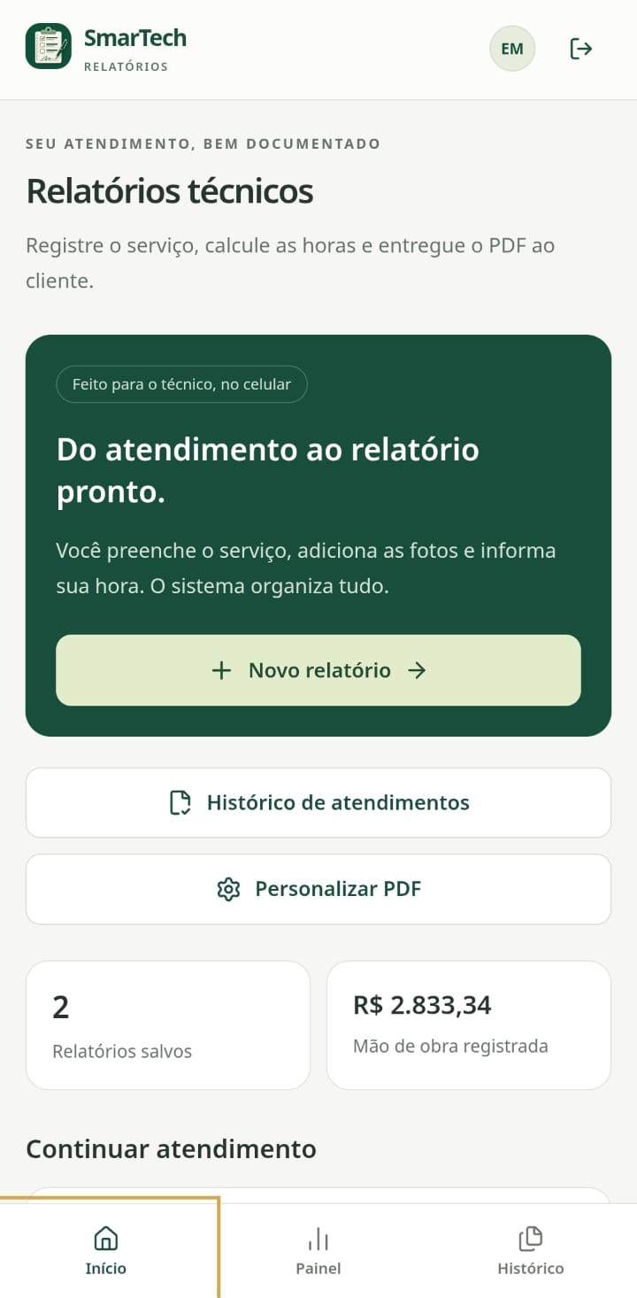Tela inicial do SmarTech com novo relatório, histórico e resumo dos atendimentos