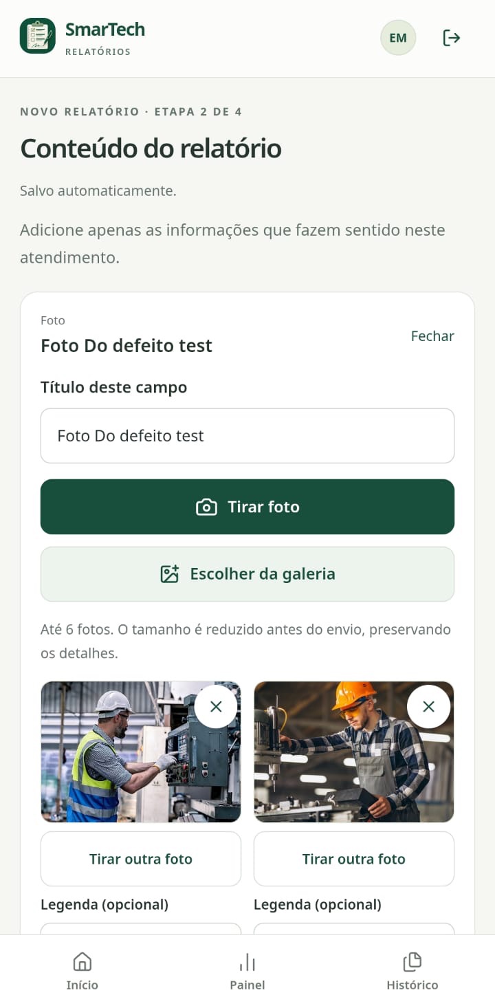Tela real do atendimento com registro de fotos e informações do serviço