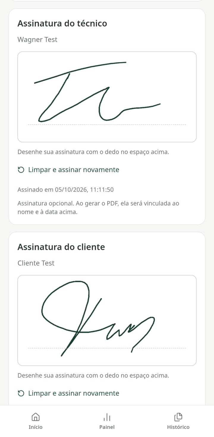 Captura real com a assinatura do técnico e a assinatura do cliente